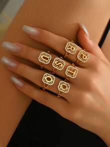 1 时尚精致26字母锆石戒指，夏季新款女士首字母开口戒指 - 金黃色 - 查看 4