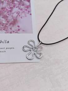 1 pièce Collier fleur creuse minimaliste en argent, pendentif floral unique en forme de fil sur cordon noir. Bijoux bohème chic pour femmes, parfait pour le port quotidien et les tenues décontractées