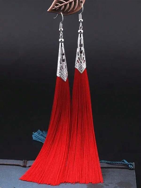 1 Pair Elegant Tassel Embroidery Design Long Earrings For Women