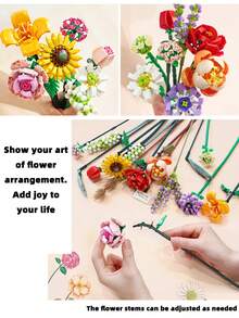 4套1571PCS+DIY艺术积木花朵，ABS材质花朵系列积木，装饰花束，浪漫家居装饰，色彩鲜艳的花朵积木，形状如玫瑰、向日葵等，植物模型收藏，缓解压力，减压游戏，桌面装饰，游戏，人造花积木，完美的生日礼物，母亲节礼物，节日礼物创意情人节礼物。 - 彩色 - 查看 7