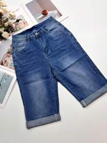 女式水洗口袋修身弹力牛仔骑行裤 - 中等水洗藍 - 查看 3