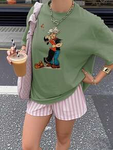 Women's New Popeye Cartoon Graphic Round Neck Short Sleeve Casual T-Shirt, Fashionable Versatile For Spring/Summer Daily Wear - Green - View 8