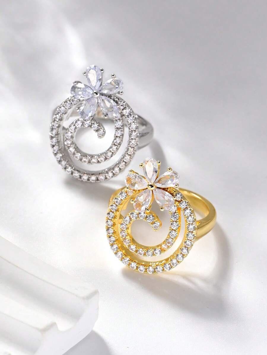 1 Pc Niche Sweet Hollow Geometric Spiral Ladies Ring,Gold/Silver Circle Zirconia Flower Ring,Summer Beach Vacation Accessory,Elegant Jewelry Gift For Daily,Dating,Party,Holiday,Wedding,Valentine's Day Gift,Birthday Gift.