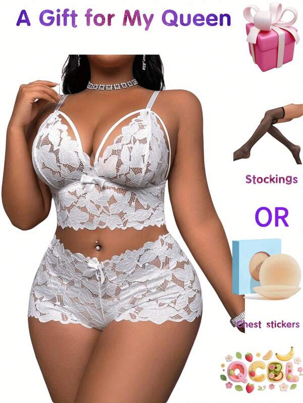2-Piece Plus Size Women's Non-Wired Lace Bow Bra Set - Comfort Lingerie With Free Gifts, Perfect For Daily & Sleepwear