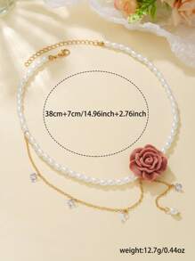 1pc Elegant Faux Pearl, Cubic Zirconia Flower & Bow Design Necklace, Suitable For Women's Daily Wear, Weddings, Engagements, Parties, Gift