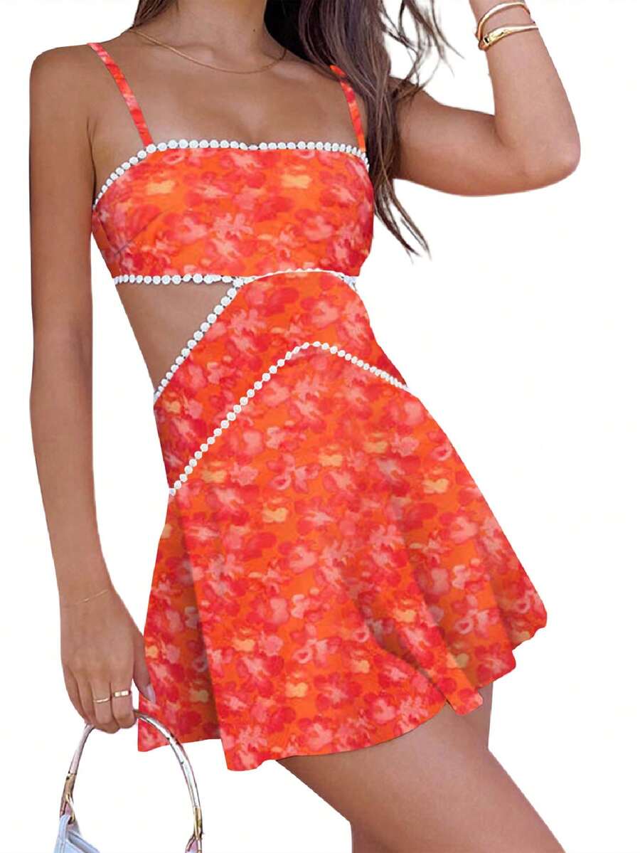 Women Boho Graphic Mini Cami Dress Spaghetti Strap Floral Short Dress Flowy Backless Sling Dress Summer Sundress - trái cam - Xem 1