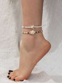 2pcs Boho Style Starfish & Turtle Beaded Anklet, Suitable For Daily Wear And Beach Vacation