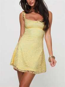 Women's Summer Mini Dresses Sleeveless .Y Square Neck Backless Lace Splicing Cocktail Party Straps Bodycon Dress - Màu vàng - Xem 4