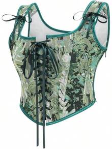 Womens Vintage 1920s Renaissance Lace Trim Corset Bustier, Retro Fashion - Dark Green Daisy - View 3