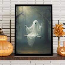1 件秋千帆布海报 - 可怕的万圣节墙壁艺术与可爱的幽灵，带框卡通风格装饰，适合客厅、卧室或家庭办公室，室内使用，非常适合儿童房或浴室，万圣节装饰