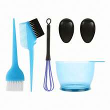 Juego de 6 piezas de accesorios para teñir el cabello que incluye: cepillo, tazón, aplicador, peine, orejeras y mezclador. Ideal para coloración, decoloración y aplicación de tinte en salones profesionales y uso doméstico.