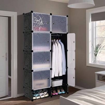 Scaffale per guardaroba con 8 cubi in plastica, armadio fai da te per la camera da letto, mobile componibile con 1 asta appendiabiti, organizer per vestiti, accessori, giocattoli, ecc. 2 cubi inferiori per scarpe, 76 x 37 x 167 cm, 5 livelli e due colonne