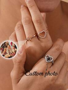 Personalized Photo Projection Ring, Custom Photo Commitment Ring, Adjustable Heart Shaped Jewelry Gift For Wedding, Valentine's Day, Christmas - Silver - View 2