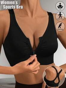 Women's Sports Front-Zip Bras Bralette Bra Underwear Tank Top Racerback Wireless Intimates Gathered Criss Cross Back Front Closure Training Yoga Gym Removable Pad Workout Lingerie Casual Athletic Were Exercise Cycling Tennis Solid Color Comfortable Sexy Fashionable Activewear - Black - View 1