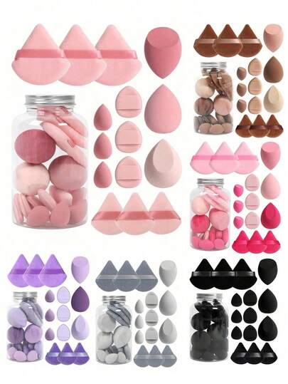 1/15pcs Makeup Sponge Set With Storage Box, Includes 3 Large Makeup Sponges, 3 Mini Makeup Sponges, 3 Large Powder Puffs, 3 Mini Powder Puffs And 3 Mini Finger Powder Puffs, Suitable For Liquid, Cream And Powder Foundations