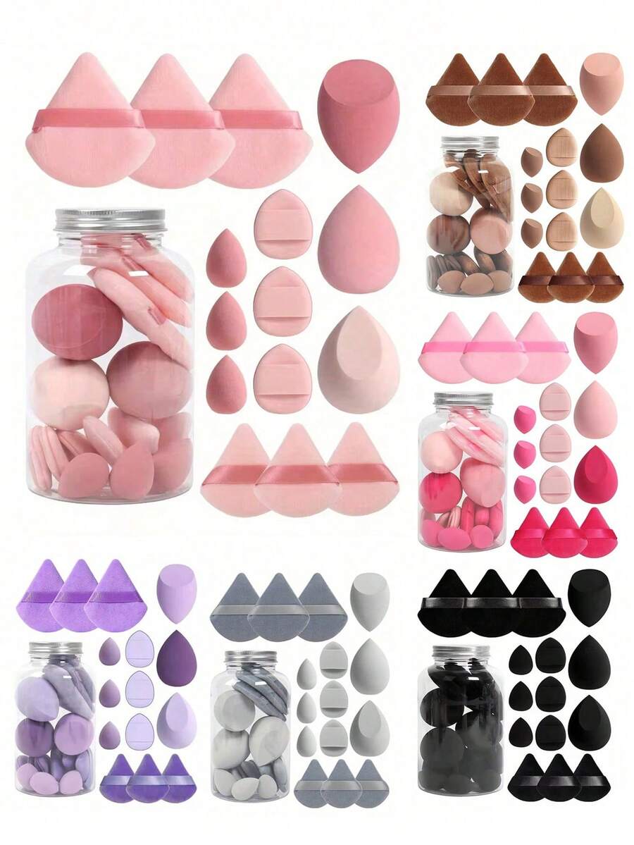 1/15pcs Makeup Sponge Set With Storage Box, Includes 3 Large Makeup Sponges, 3 Mini Makeup Sponges, 3 Large Powder Puffs, 3 Mini Powder Puffs And 3 Mini Finger Powder Puffs, Suitable For Liquid, Cream And Powder Foundations - Multicolor - View 1