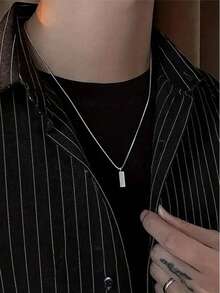 1pc Stainless Steel Snake Bone Chain Necklace, Titanium Steel Silver Square Pendant Necklace, Unisex Geometric Clavicle Sweater Chain. - Silver - View 2