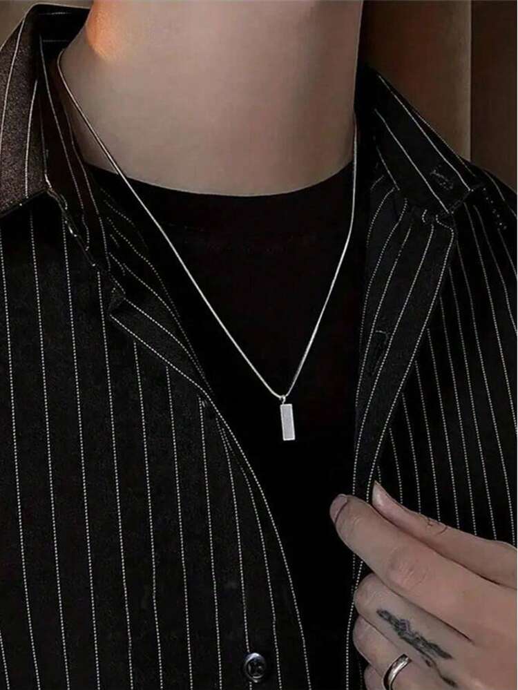 1個 ステンレススチール スネークボーンチェーンネックレス、チタンスチール シルバー スクエアペンダントネックレス、ユニセックス ジオメトリック鎖骨スウェーターチェーン - シルバー - 見る 2