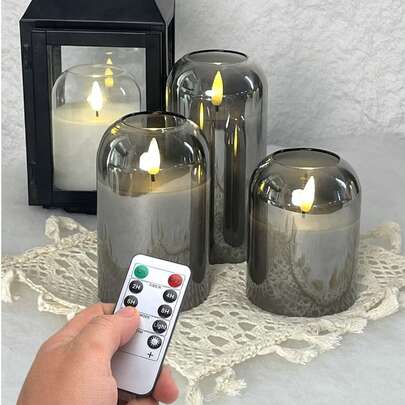 3支装无焰蜡烛灯，带定时/遥控器，电池供电LED蜡烛，许愿蜡烛，无味蜡烛，3支逼真烛芯柱形蜡烛，火焰温暖，适用于家居、卧室、婚礼、求婚、圣诞节、万圣节、情人节、母亲节、公司派对等场合