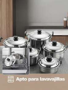 10 Piezas Batería de Cocina Juego de Ollas de Acero Inoxidable con Antiadherente Vaporera para Cocina, – Resistencia y Estilo para tu Cocina ﻿ - Plateado - Ver 5