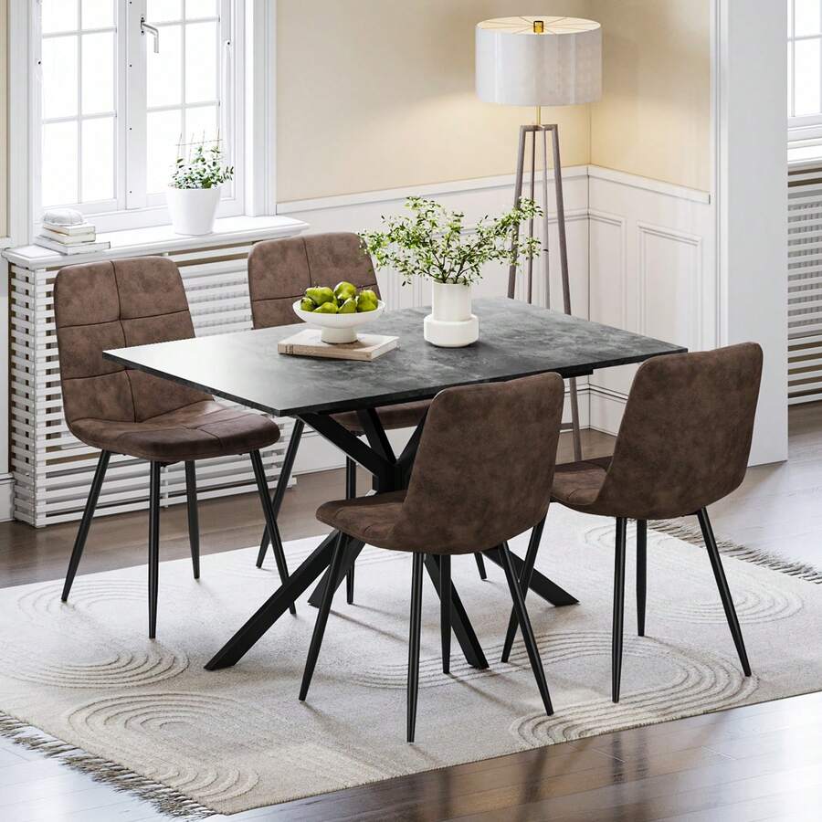 Extendable Dining Table And Chairs Set 4, 120-160cm Concrete Effect Table With 4 Brown Upholstered PU Leather Chairs For Dining Room, Kitchen - Concrete Effect Dining Table + 4 Puff Brown Dining Chairs - View 1