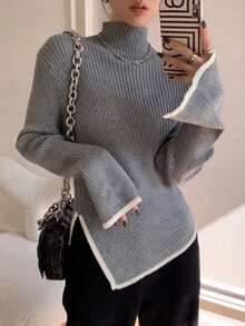 Medio cuello alto Irregular Chic Bottom Sweater Ropa interior de mujer Top de punto asimétrico con cuello medio alto para mujer Otoño/Invierno Elegante prenda interior Diseño chic Prenda de punto cálida y cómoda - Gris - Ver 2