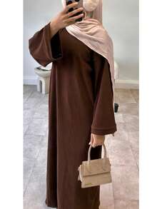 Đầm dài giản dị rộng rãi phong cách Ả Rập Thổ Nhĩ Kỳ thanh lịch màu trơn cho mùa thu/đông - màu nâu - Xem 2