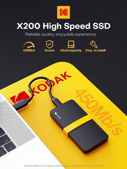  Kodak X200 1TB 2TB External SSD Type-C Hard Drive Flash USB3.2 450Mb/S Portable SSD 128GB 256GB 512GB Mini PSSD For Laptop Desktop Mobile