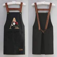 1 件套家用厨房围裙 - 可调节肩带设计，大前口袋成人男女烹饪耐用围裙，四季创意字母 A-Z 印花围裙轻薄围裙餐厅店服务员工作制服 - 黑色 - 查看 7