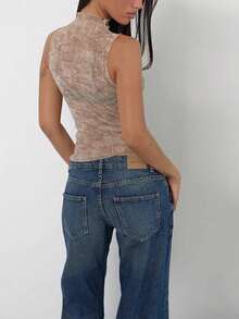 ​​Feminine Sheer Sleeveless Crewneck Top With Abstract Print Artistic Tank​​ - Khaki - View 3