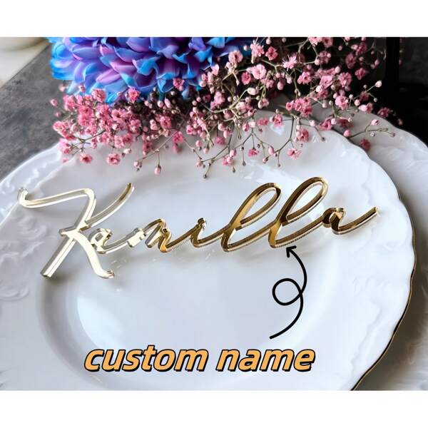 Marcadores de lugar com espelho dourado/prateado, marcadores de lugar de luxo para casamento, marcadores de lugar para festa, etiquetas de espelho dourado, nomes cortados a laser, cartões de casamento de acrílico, placas de assento personalizadas para decoração de casamento