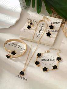 7pcs/Set Black Starry Sky Numeric Quartz Watch & 6pcs Lucky Flower Necklace, Bracelet, Ring, Earring Accessory Set, Gift Set For Mom, Valentine's Day, Easter