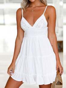 Women Summer Stylish Mini Cami Dress Sleeveless Open Back V Neck Tiered Lace Spaghetti Strap Dress For Party Vacation - 白色 - 查看 3