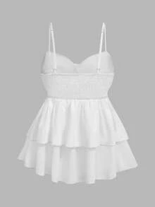 Top de verano para mujer tipo camisola con plisados y volantes, Top de verano corto y liso de unicolor casual blanco para mujer - Blanco - Ver 2