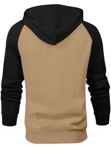 男士基础休闲夹克，秋冬新款，时尚简约插肩袖撞色设计，卡其色/黑色，拉链连帽长袖运动服，适合户外步行和跑步 - 卡其色 - 查看 2