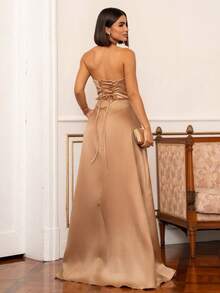 LONG WEDDING PARTY DRESS FOR GODMOTHER, STRAP-FIT, SATIN WITH SEQUINS - GOLDEN - View 1