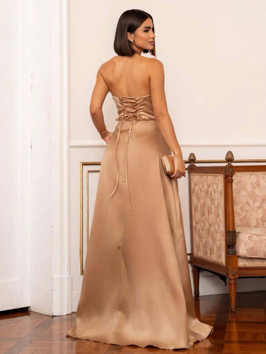 LONG WEDDING PARTY DRESS FOR GODMOTHER, STRAP-FIT, SATIN WITH SEQUINS - GOLDEN - View 1