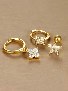 3 件套不锈钢锆石花朵耳环套装，女士适用，18K 镀金防过敏耳屏耳轮圈耳钉软骨穿孔饰品，适合日常佩戴 - Gold-2# - 查看 6