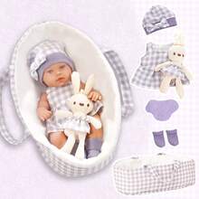 12-Inch Baby Doll With Doll Accessories Doll Set, Includes 12-Inch Baby Doll, Plaid Rabbit Pattern Dress, Hat, Rocking Cradle, Socks, And Infant Doll