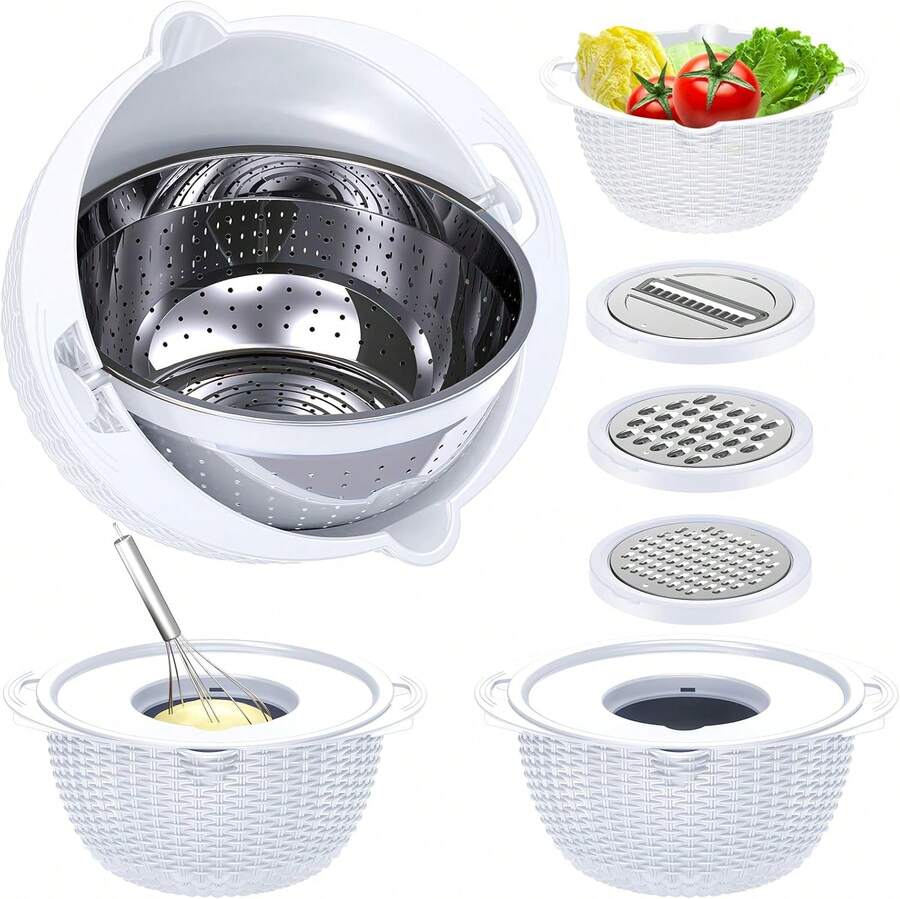 Juego de colador con bol - 4 en 1 - Colador para pasta - Colador de cocina - Coladores y coladores para arroz, limpiador de frutas, lavado de verduras, colador de fregadero, artículos esenciales de cocina - Blanco - Rojo y blanco - Ver 1
