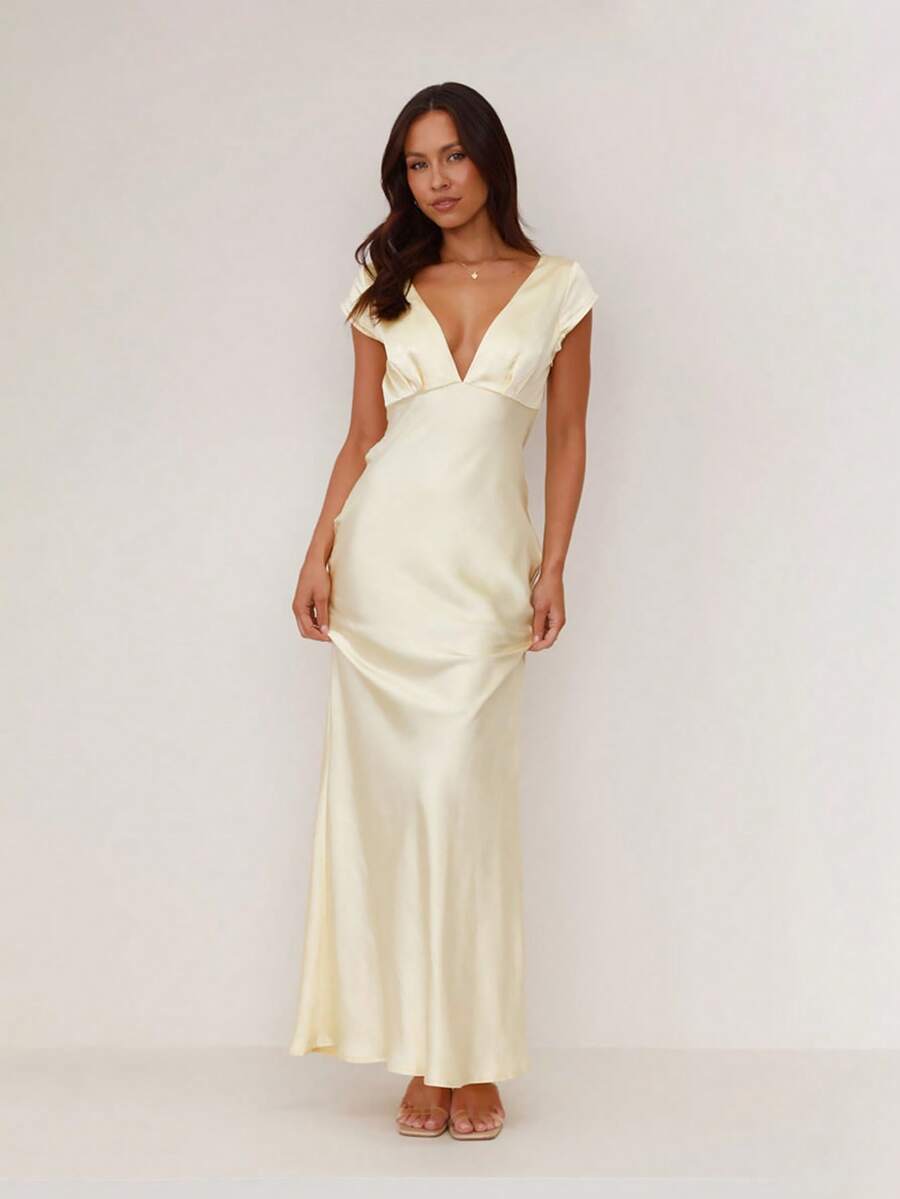 Deep V-Neck Backless Sexy Bodycon Dress - Champagne - View 1