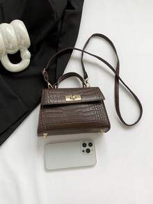 Fashionable Mini Metallic Alligator Pattern Crossbody & Handbag With Flip Lock Twist Closure - Coffee Brown - View 6