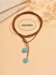 1pc Bohemian Style Adjustable Long Necklace With Retro Turquoise Heart Pendant, Suitable For Daily Outfit - Multicolor - View 5