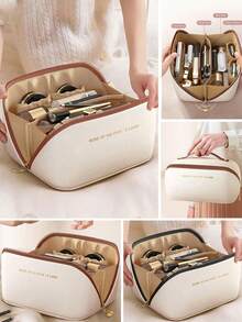 PU 皮革防水化妆包，多功能旅行收纳包，大容量双层化妆包，化妆品收纳包，化妆品整理和收纳，护肤包，大容量洗漱包，度假旅行必需品，暑假返校学校用品包，女士旅行包，旅行化妆包 - 彩色 - 查看 3