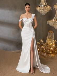 Faeriesty Elegant Sophisticated Satin Asymmetric Maxi Dress With Sequin-Embellished Shoulder & Fish-Tailed High-Waisted Slit | Dramatic Evening Look For Galas, Parties Or Luxury Events, Formal, Party Dress, Gown, For Wedding Guest - 白色 - 查看 5