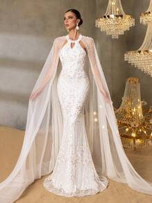 Faeriesty Faeriesty Luxury Pearl-Embroidered Mermaid Gown With Ethereal Sheer Cape Sleeves – Elegant Small Round Neckline, Floor-Length Fish Tail Hem & Formal Evening Dress For Gala Events, Wedding Receptions, Red-Carpet Premieres, Black-Tie Galas, And High-Society Celebrations
