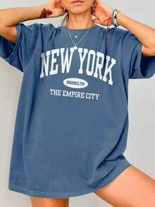 女士夏季字母印花宽松休闲T恤，日常休闲百搭时尚。印花T恤，度假必备。 - 霧霾藍 - 查看 9