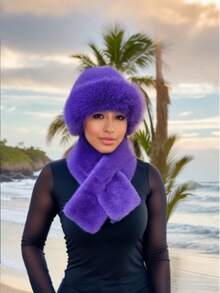 1 件欧美时尚休闲百搭蒙古帽，渔夫帽搭配人造毛皮围巾 - 彩色 - 查看 6