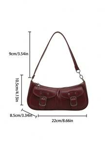 SHEIN BAE 复古百搭皮革装饰拉链吊带腋下法棍包，新款纯色PU皮革女士小手提包 - 紅色 - 查看 7