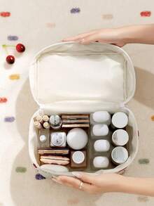 1/3件套绗缝化妆包，饰有蝴蝶结和玫瑰图案，时尚便携化妆包，多功能化妆收纳手提包，带拉链刷架，大容量旅行洗漱包，轻盈蓬松填充，适合旅行收纳，可装口红、卫生巾、硬币、钥匙等，可爱旅行收纳包，母亲节礼物，情人节礼物，周年纪念礼物，开学礼物 - 櫻桃 - 查看 5